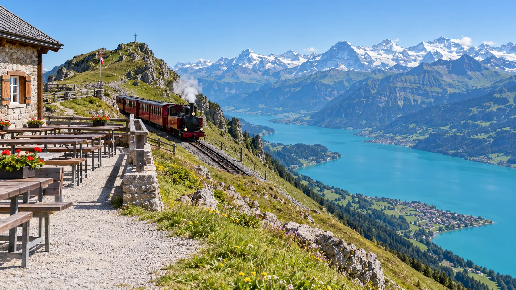 ブリエンツァー・ロートホルンの山上レストランのテラスと蒸気ラック式鉄道、その下に広がるブリエンツ湖