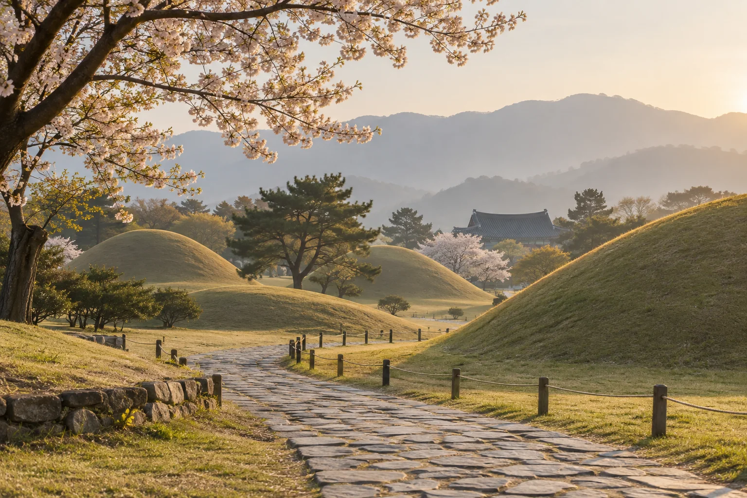 なだらかな古墳と石畳が続く慶州の歴史公園の風景