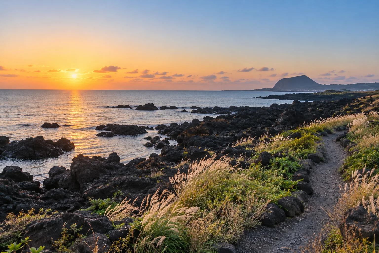 黒い火山岩の海岸と草地の散策路が続く済州島の風景