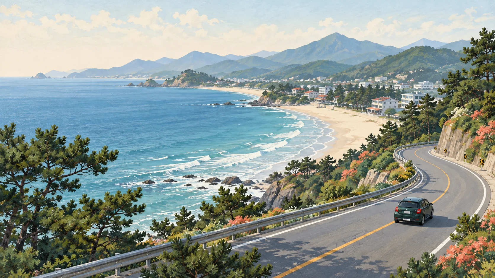 Travel image showing a vehicle on a coastal road surrounded by mountains and the sea