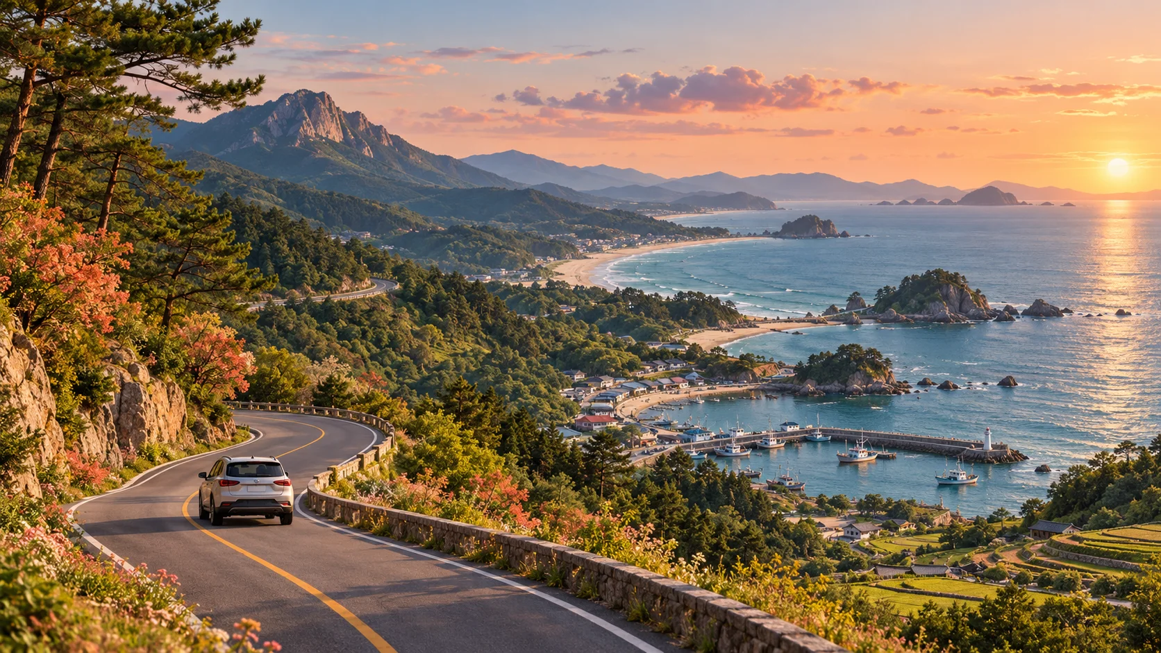 Travel image showing a vehicle on a coastal road surrounded by mountains and the sea