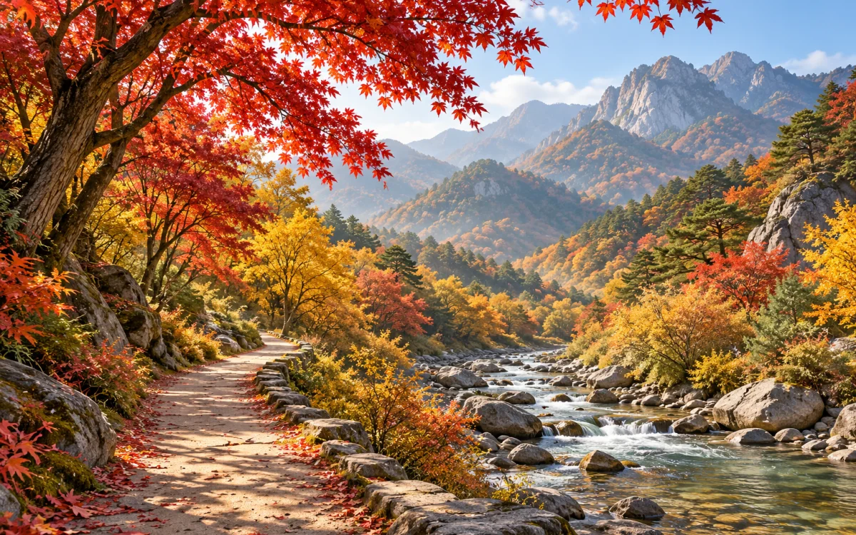 赤や黄色の紅葉の間に山寺と渓谷の道が続く、韓国の秋の山の風景