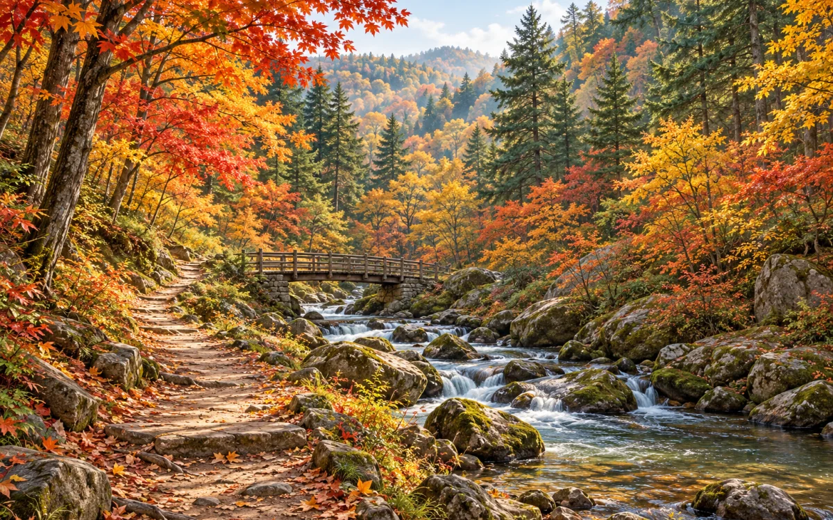五臺山善財道沿五臺川水邊延伸，紅黃秋葉鋪滿樹林