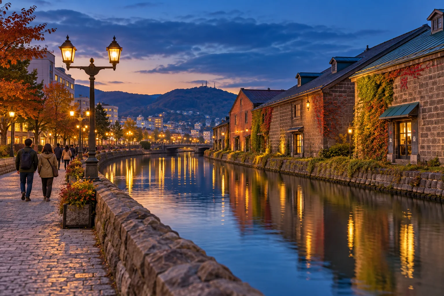 El canal de Otaru y sus almacenes de piedra con las luces de la tarde encendidas