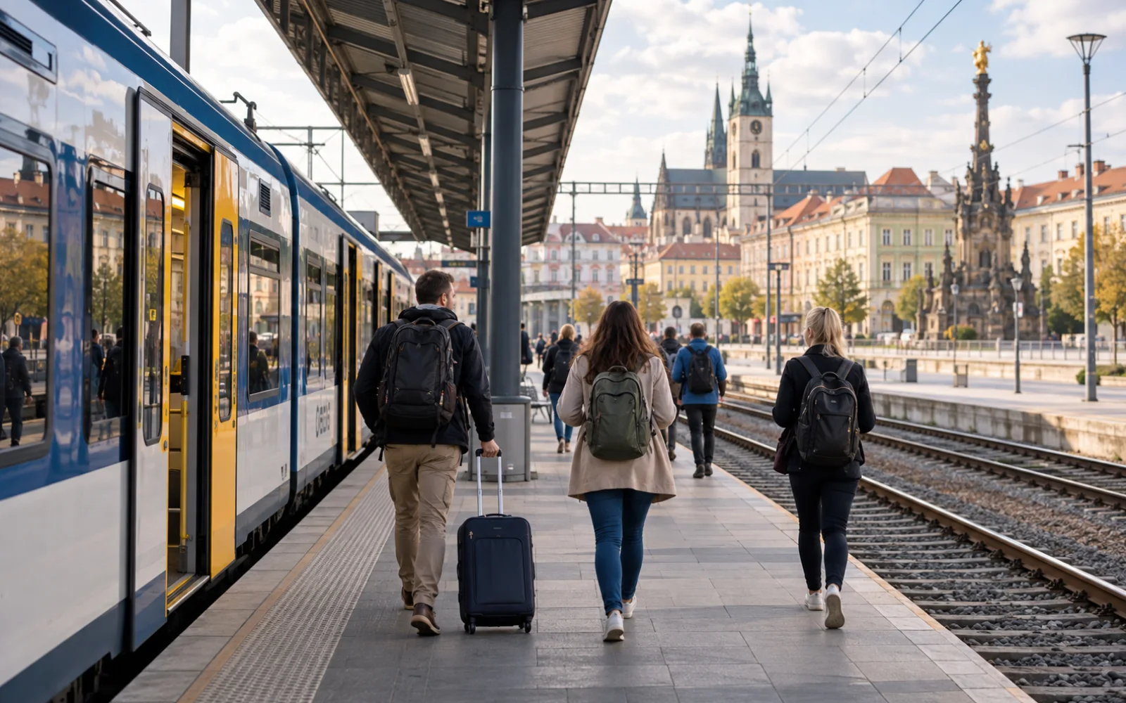 Imagen generada que representa el casco antiguo de Olomouc visible más allá del andén de una estación