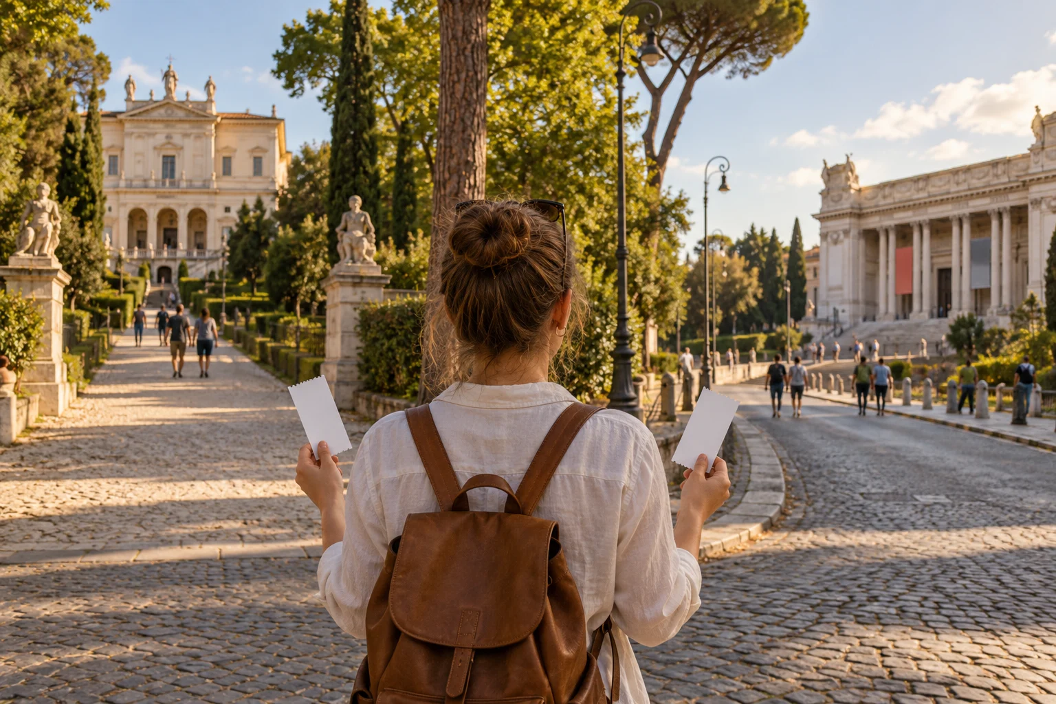 ローマの木陰で、訪れる美術館を選ぶ旅行者