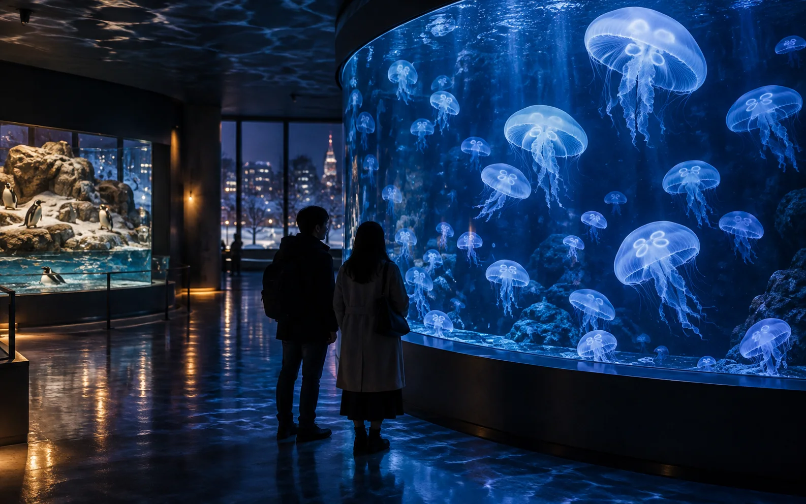 館内の照明に照らされたクラゲの水槽を眺める、AOAO SAPPOROの夕方の様子