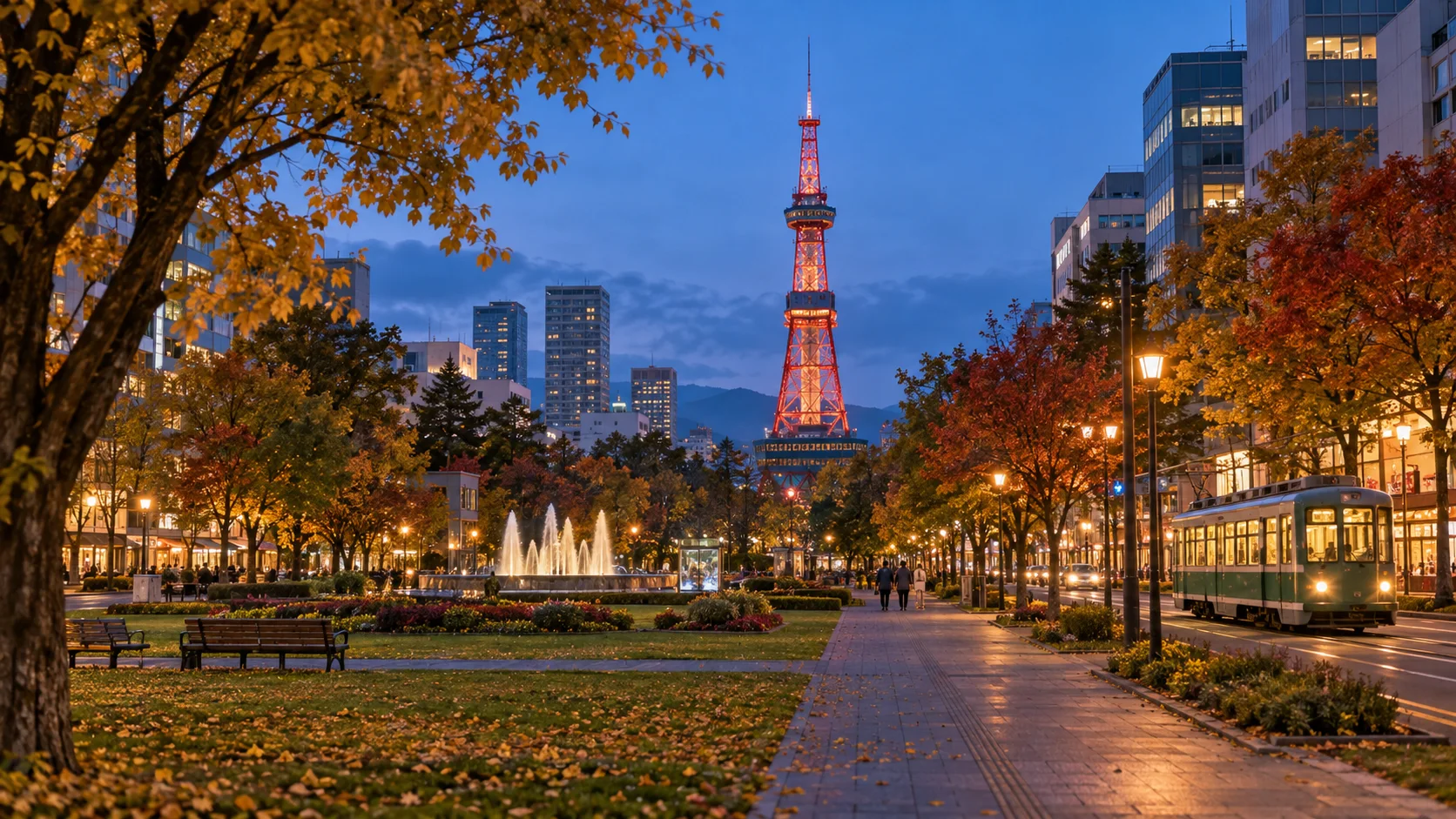 日暮れ時の大通公園の散歩道と、明かりがともったさっぽろテレビ塔