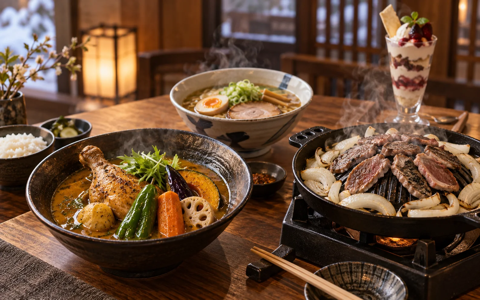 札幌の温かい味噌ラーメン、スープカレー、ジンギスカンが並ぶ夕食のテーブル