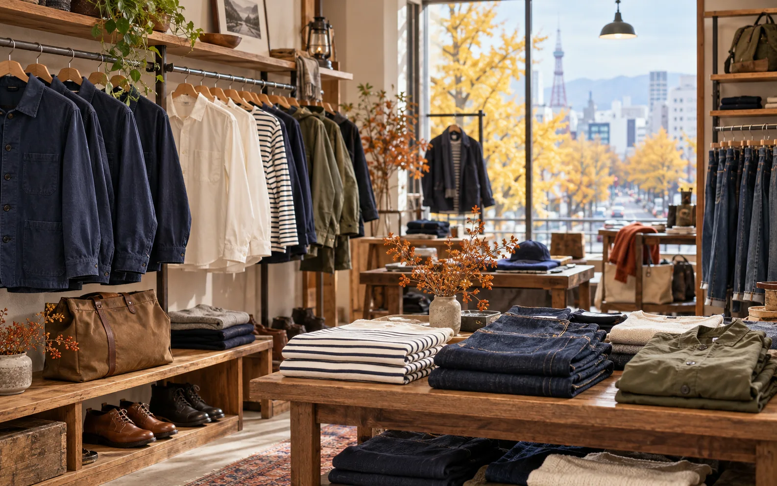 Percheros y estantes de una tienda multimarca con chaquetas de trabajo azul marino, camisas y denim