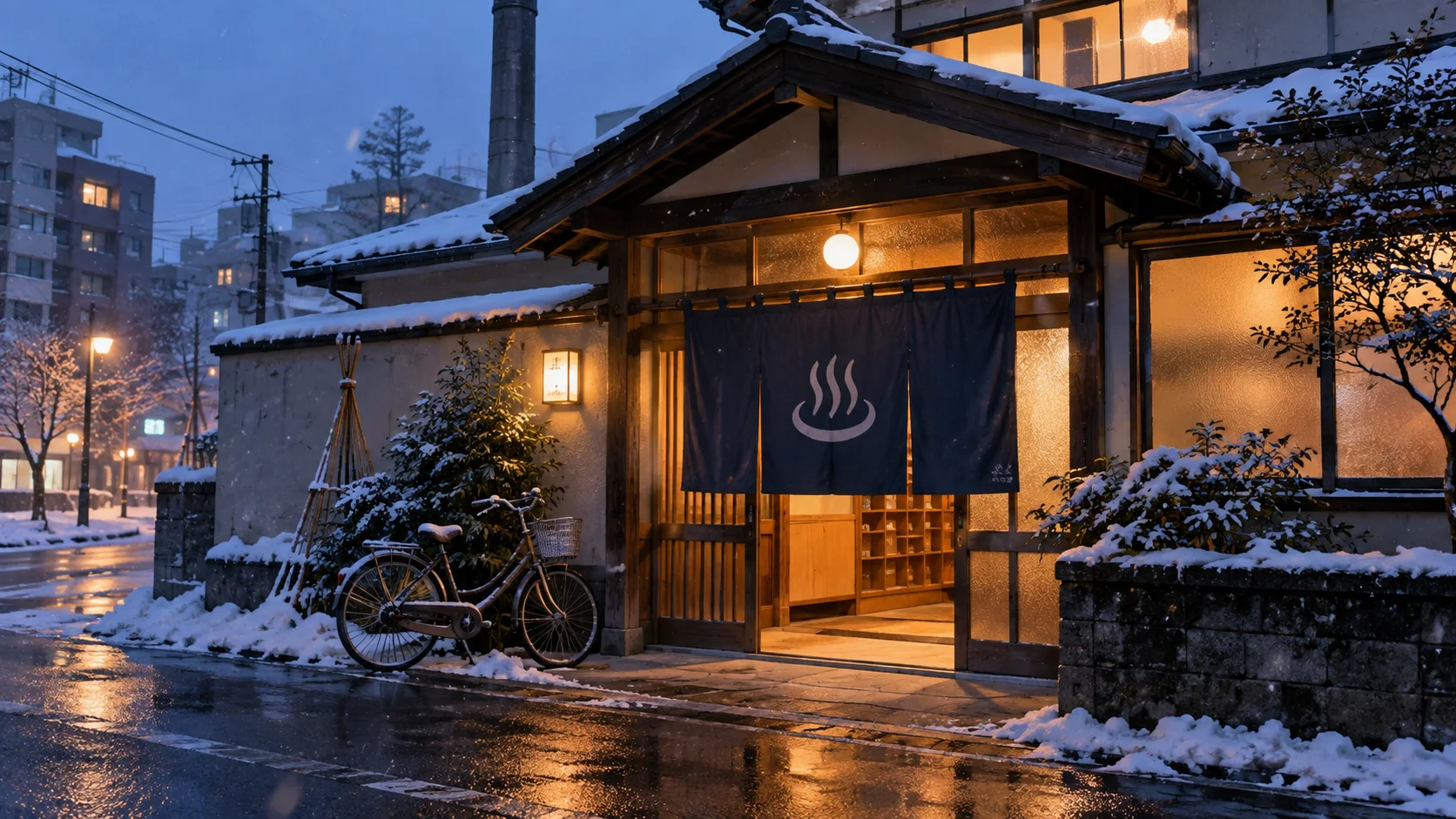 雪の降る夕方、温かな明かりが見える札幌の町の銭湯入口
