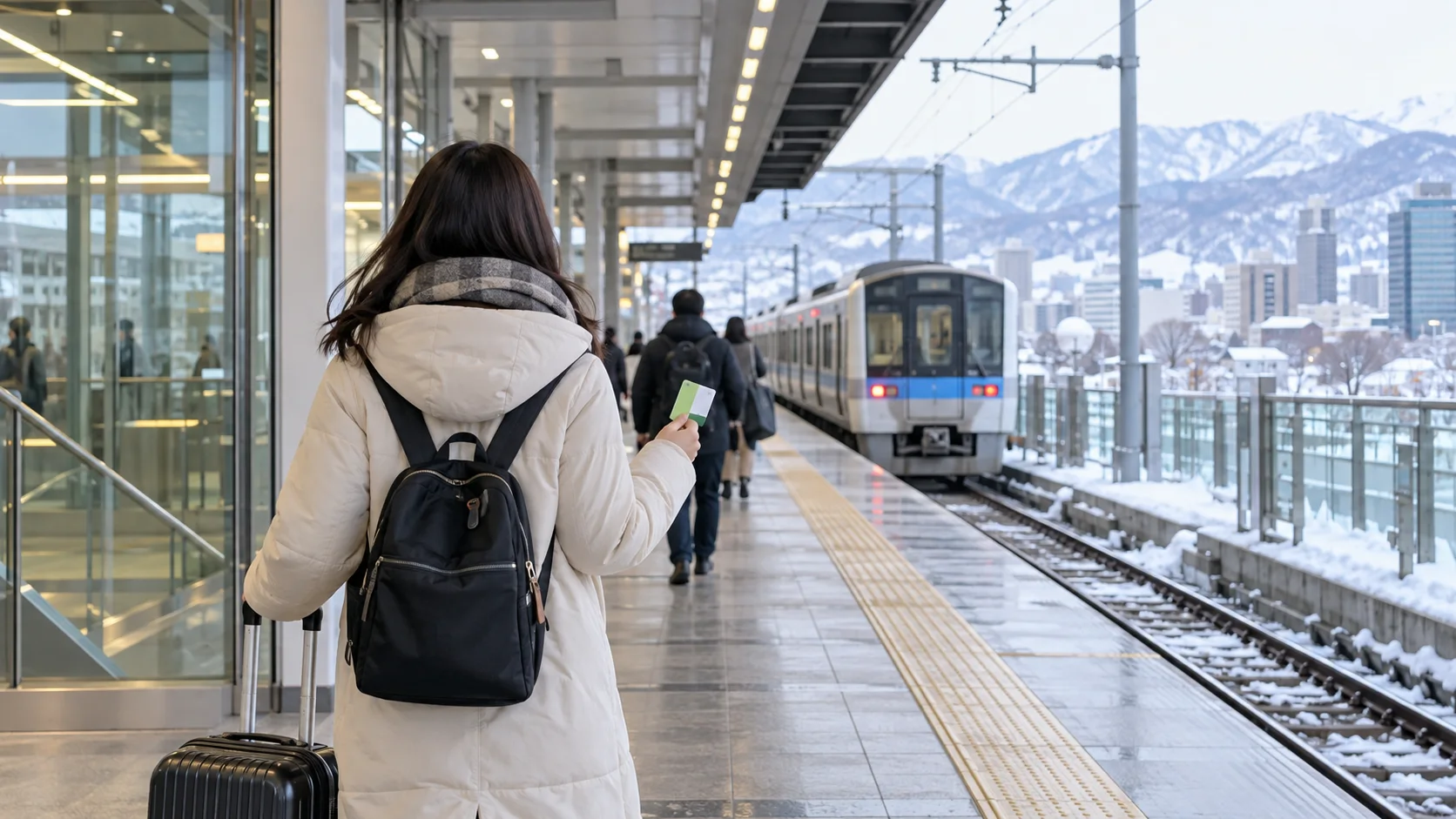 Viajeros que se dirigen al andén de la estación de Sapporo y el tren del aeropuerto