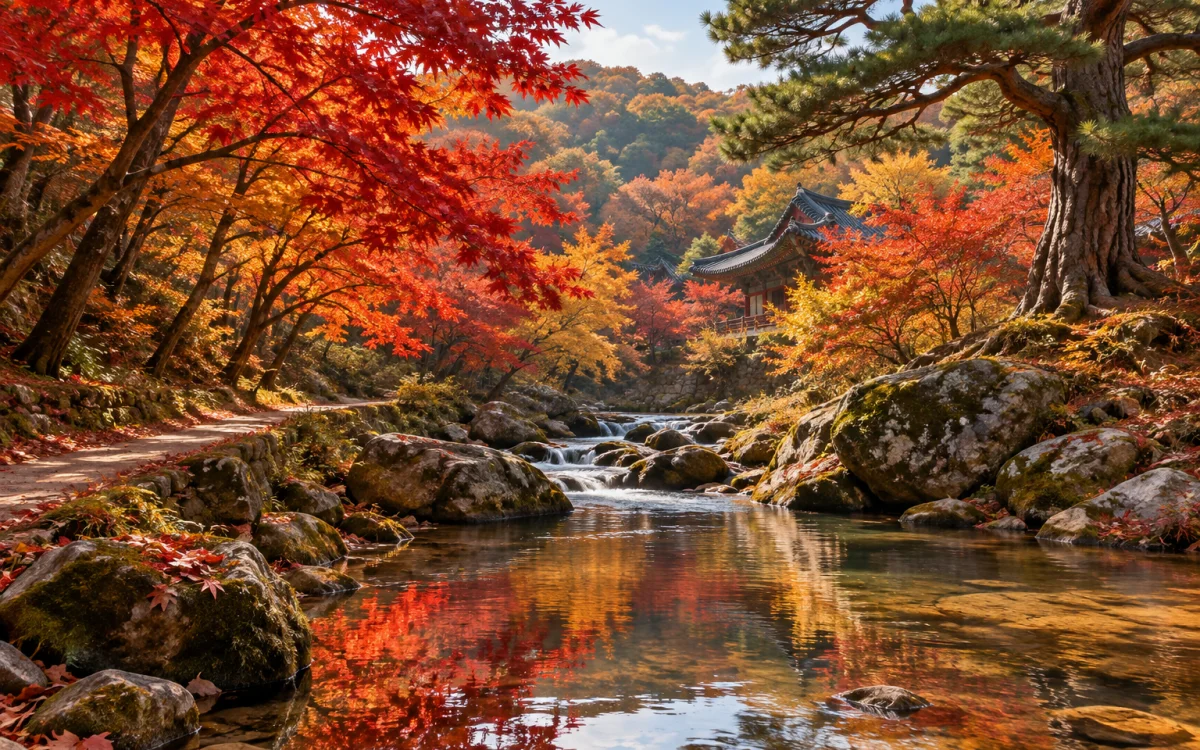 ソヌンサのトソルチョンの水面に赤い紅葉が映る、秋の森の道