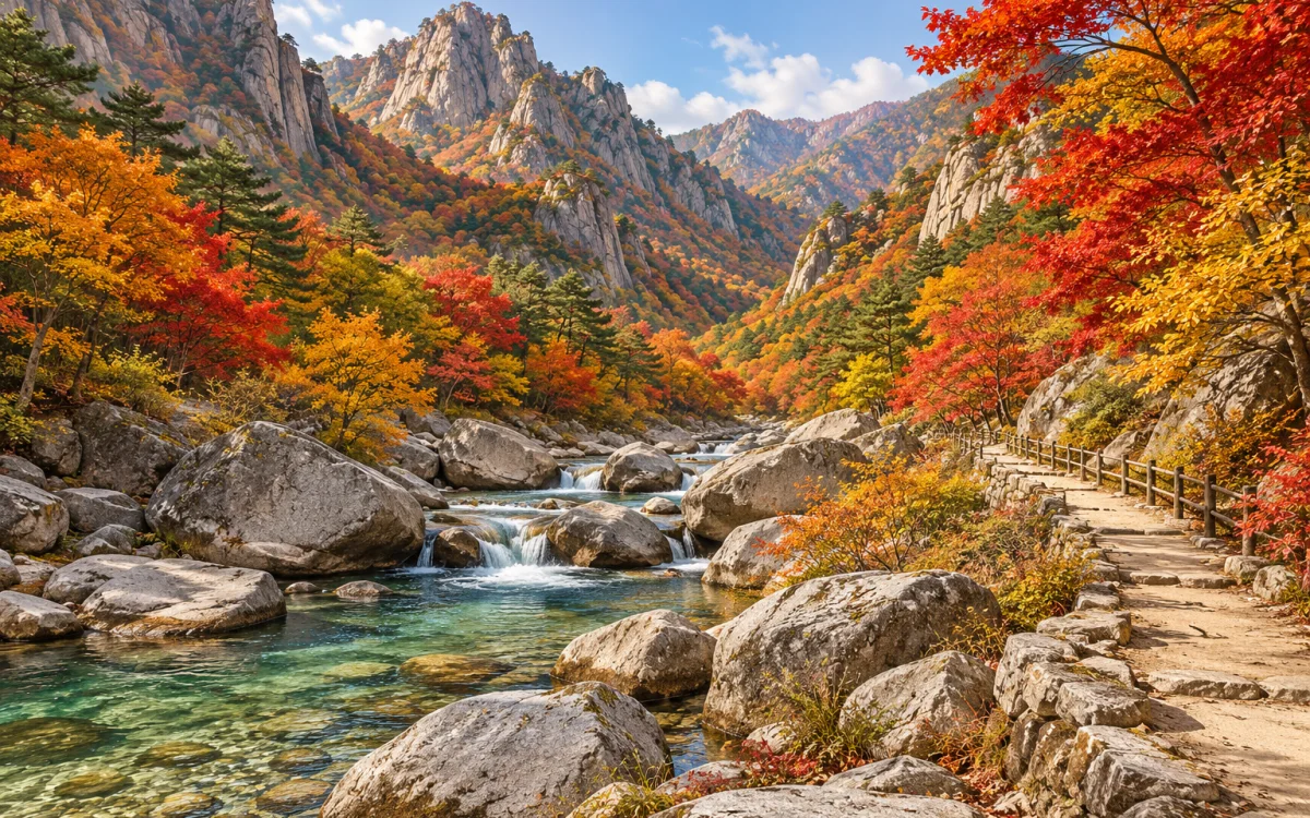 雪嶽山飛仙台溪谷的灰色巖壁與紅黃秋葉
