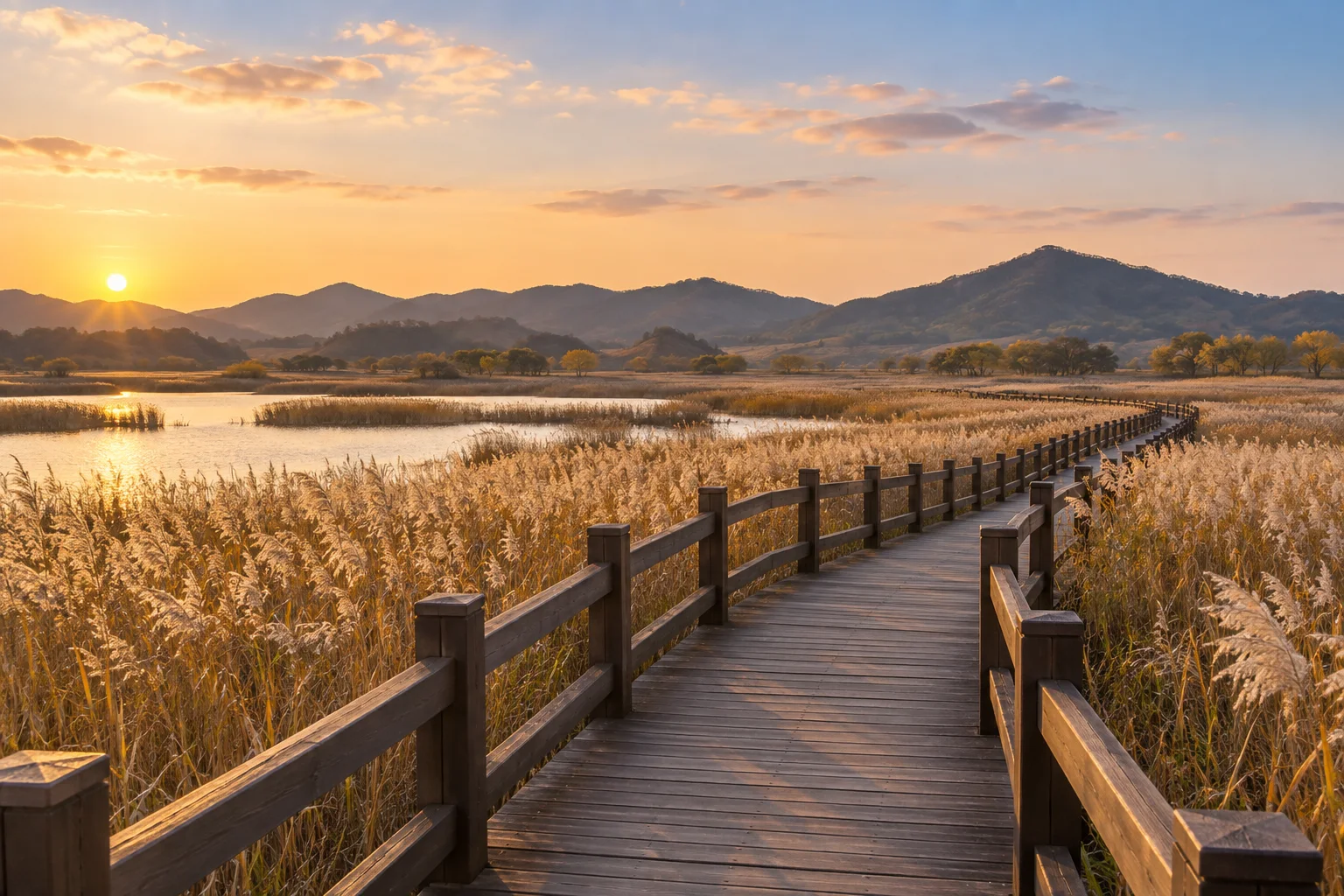Paisaje de los humedales de la bahía de Suncheon, con juncales y pasarelas de madera