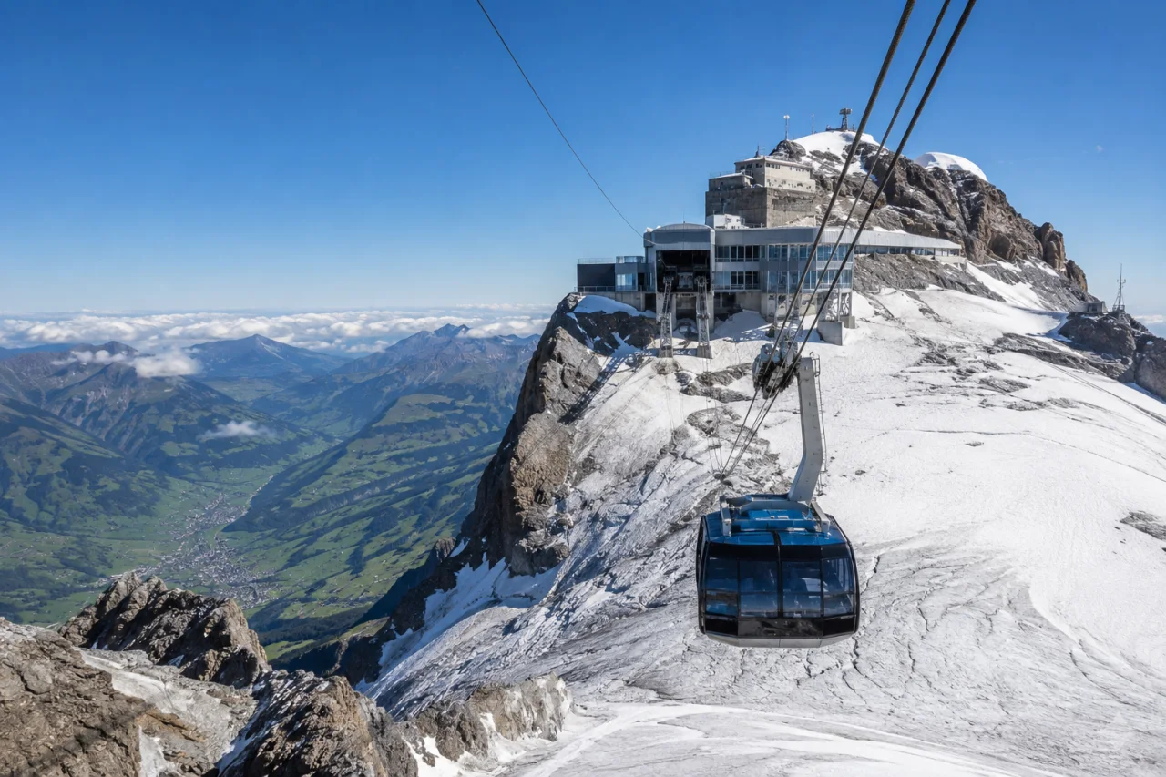 빙하가 덮인 티틀리스 정상역으로 향하는 케이블카