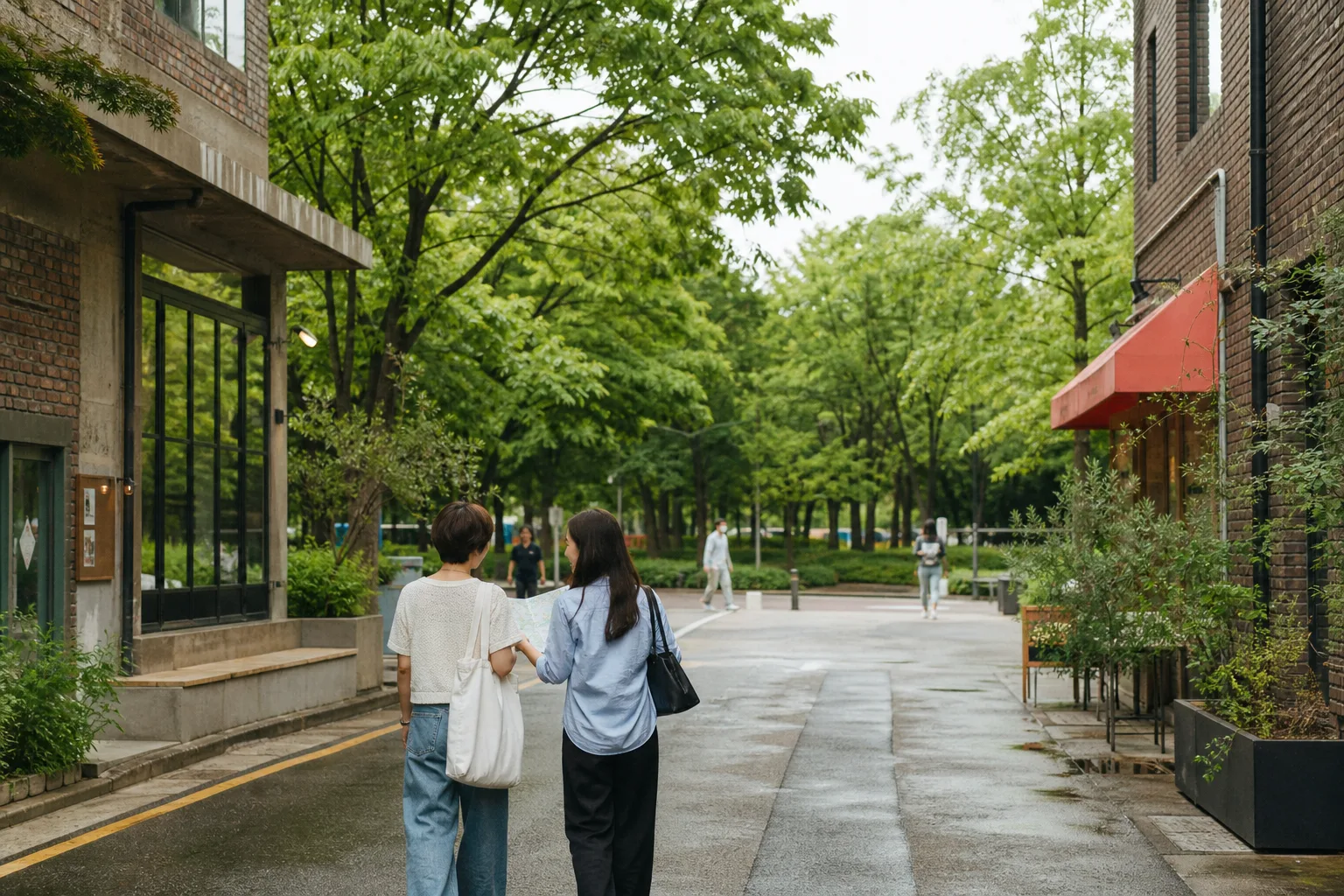 비 온 뒤 성수의 벽돌 건물 사이 길을 걸어 서울숲 쪽으로 향하는 여행자들