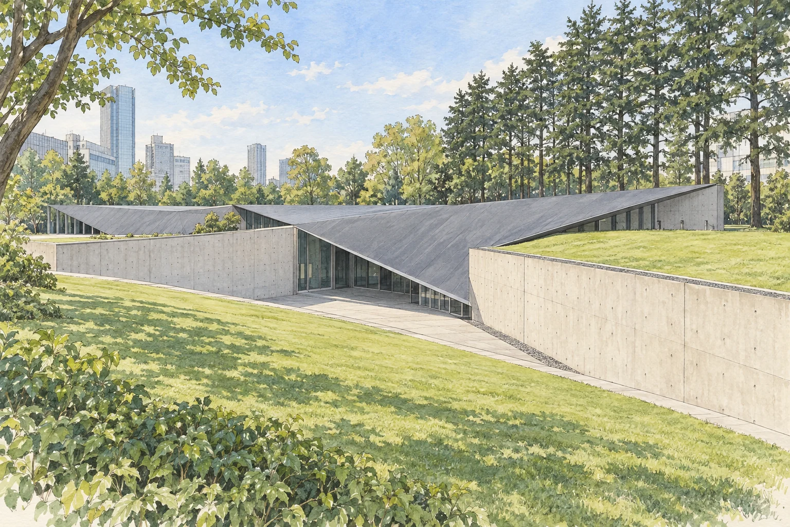 21_21 DESIGN SIGHT의 접힌 금속 지붕과 콘크리트 동선