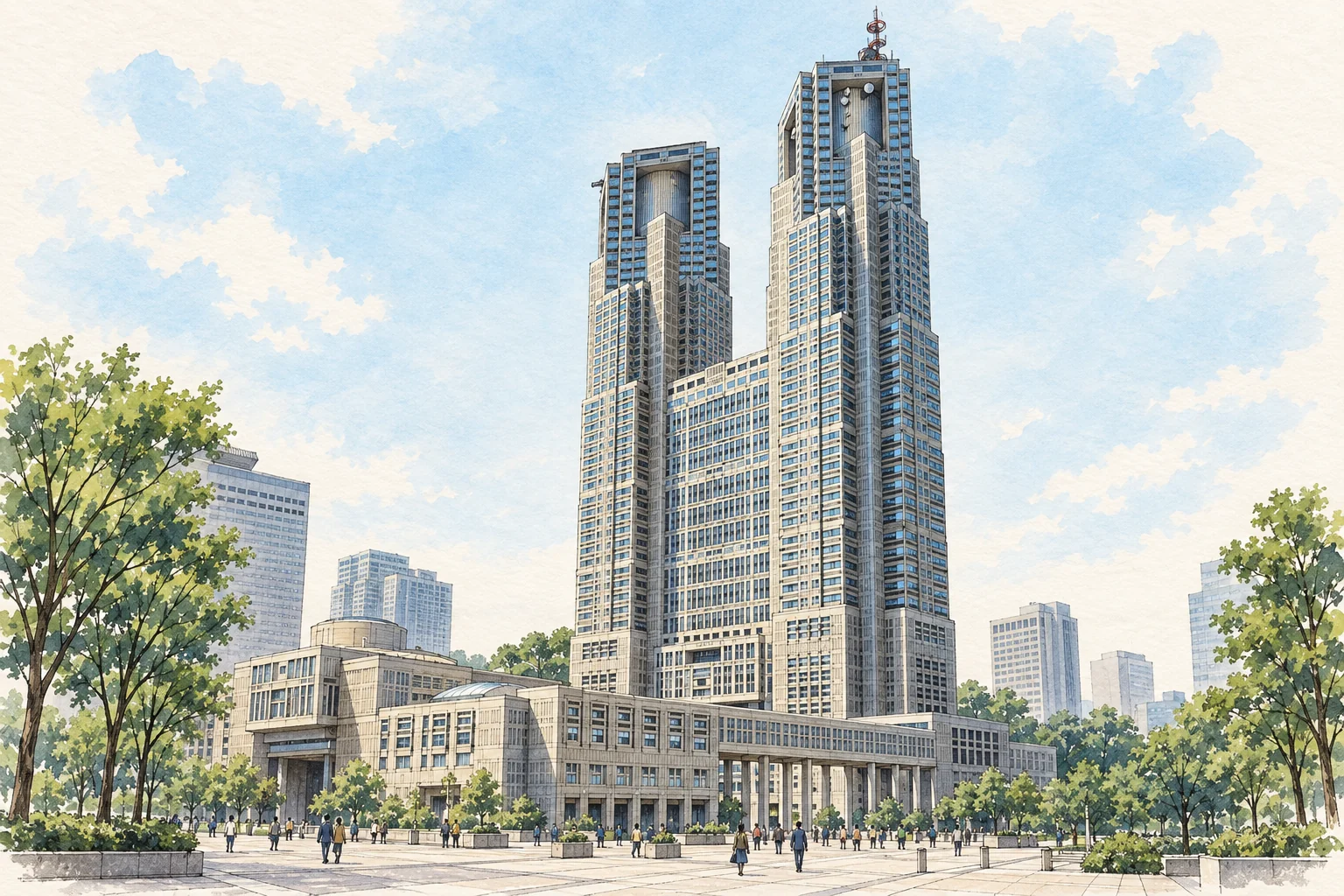 도쿄도청사의 갈라진 두 탑과 수직 창