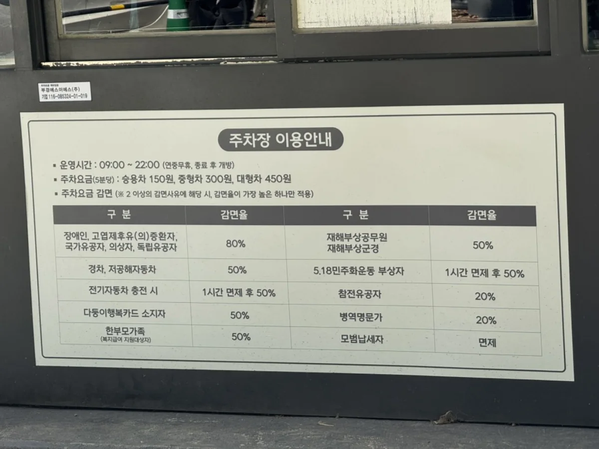 서울어린이대공원 구의문주차장 운영시간과 요금 및 감면 안내판