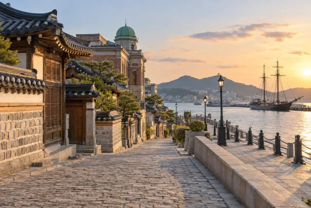 옛 항구 건물과 바다 산책로가 이어진 인천 개항장 풍경